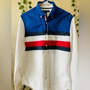 TOMMY HILFIGER button-up long sleeve shirt in red, blue, navy, and white